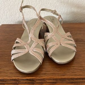 Very lightly used formal wedges, rose gold, scrappy, rhinestones. Size 8.